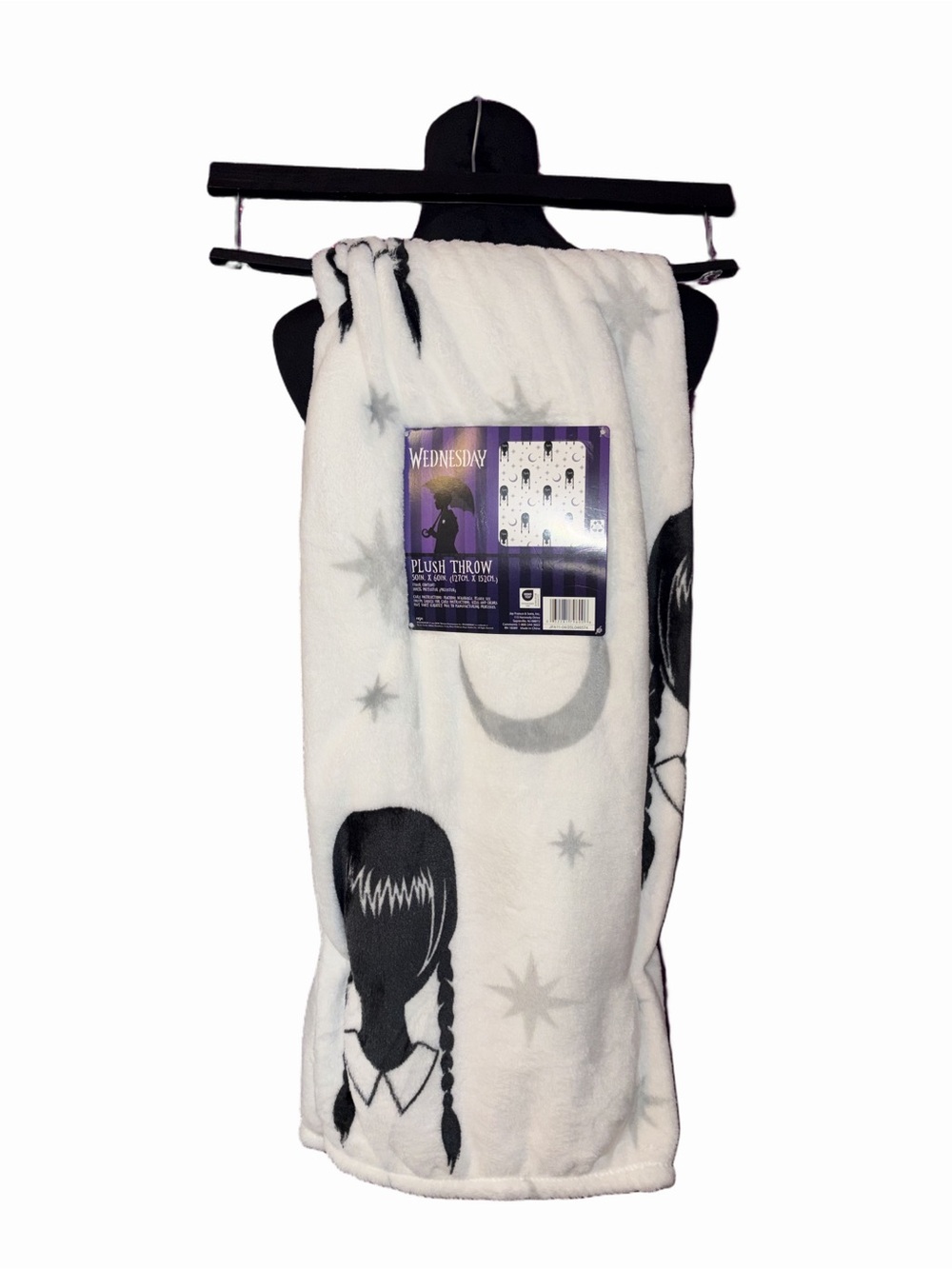 Wednesday Addams Plush Throw Blanket NWOT Black White Gothic 50x60